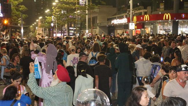 Crowds celebrating New Years Eve in Surfers Paradise. Picture: Mike Batterham