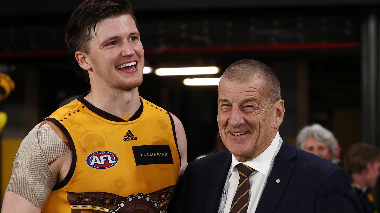 Hawthorn president Jeff Kennett talks with Mitch Lewis. Photo by Michael Klein