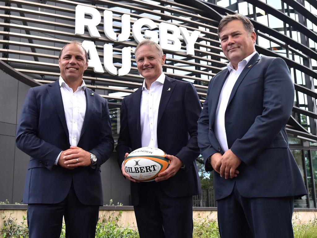 Joe Schmidt (C) is unveiled as the Wallabies’ new coach in January. Picture: Ayush Kumar / AFP