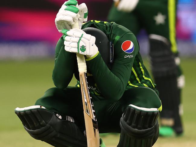 PERTH, AUSTRALIA - OCTOBER 27: Muhammad Wasim of Pakistan reacts after Mohammad Nawaz is dismissed during the ICC Men's T20 World Cup match between Pakistan and Zimbabwe at Perth Stadium on October 27, 2022 in Perth, Australia. (Photo by Paul Kane/Getty Images)