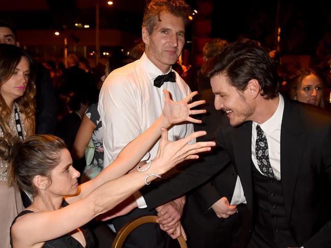 (L-R) Amanda Peet, David Benioff, and Pedro Pascal attend HBO’s Official 2015 Emmy After Party. Picture: Jeff Kravitz/FilmMagic