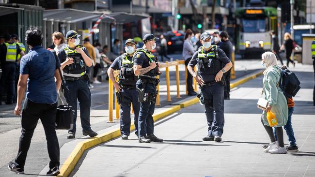 Police patrol Elizabeth St amid a spike in crime and anti-social behaviour. Picture: Jake Nowakowski