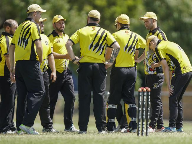 MPCA cricket: Heatherhill v Seaford Tigers. Seaford players celebrate a wicket. Picture: Valeriu Campan