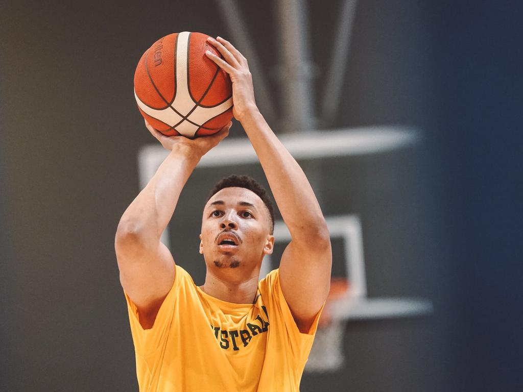 Boomers guard Dante Exum training at Australia's pre-Olympic camp in Los Angeles. Picture: Matthew Adekponya, Basketball Australia.