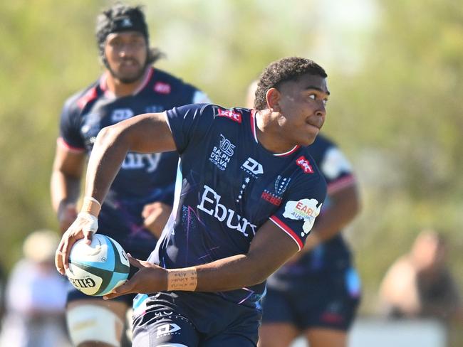 MELBOURNE, AUSTRALIA - FEBRUARY 03: Angelo Smith of the Rebels takes possession of the ball during the Super Rugby Pacific Trial Match between Melbourne Rebels and NSW Waratahs at Harold Caterson Reserve on February 03, 2024 in Melbourne, Australia. (Photo by Morgan Hancock/Getty Images)