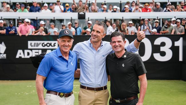 Greg Norman, Peter Malinauskas and new LIV chief executive Scott O’Neil. Picture: Tim Joy