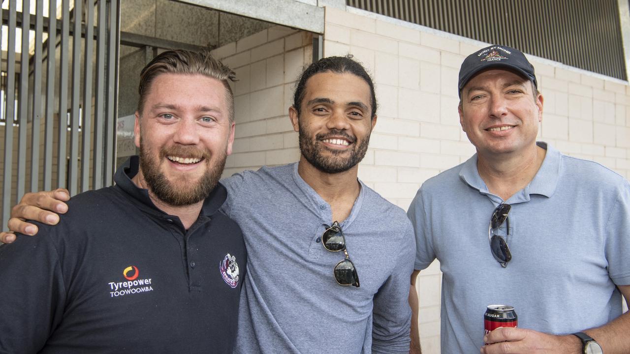 ( From left ) Andrew Currell, Seb Knoll and Mick Girle. Brett Forte Super 10s Memorial Rugby Challenge. QPS vs The Army. Saturday, August 14, 2021. Picture: Nev Madsen.