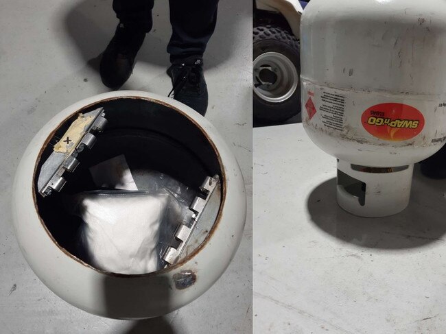 A LPG bottle with a false bottom containing speed and meth that was seized from a Storage King facility after the arrest of Matthew Molloy, 38, of Wyee, who used it to transport drugs. Picture: NSW Police