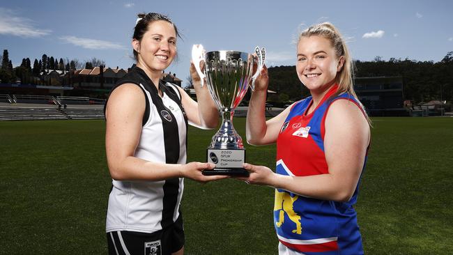 Claremont Captain Katie Stanford &amp; Huonville Captain Anna Stanway ahead of there SFLW grand final clash at North Hobart Oval on Friday night. Picture: Zak Simmonds