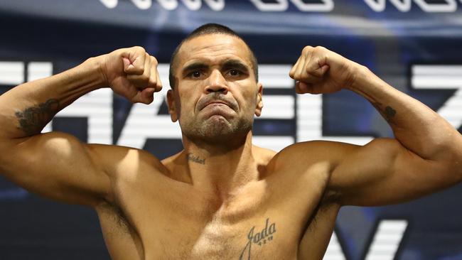 MELBOURNE, AUSTRALIA - MARCH 11: Anthony Mundine poses during the weight in during a press conference at Melbourne Pavillion on March 11, 2021 in Melbourne, Australia. (Photo by Mike Owen/Getty Images)