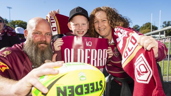 At Queensland Maroons fan day are (from left) Chris Snow, Kobi Reardon and Kim Cronberger at Toowoomba Sports Ground, Tuesday, June 18, 2024. Picture: Kevin Farmer