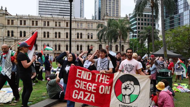 Protesters gather in central Brisbane for the All Out For Palestine 12-month anniversary of Israel's response to October 7 Hamas attack. Picture: Tertius Pickard