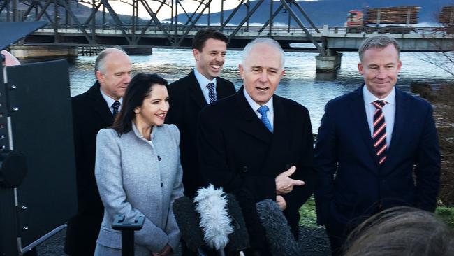 Prime Minister Malcolm Turnbull with state Liberal colleagues, including Premier Will Hodgman, at the Bridgewater Bridge this morning. Picture: SAM ROSEWARNE