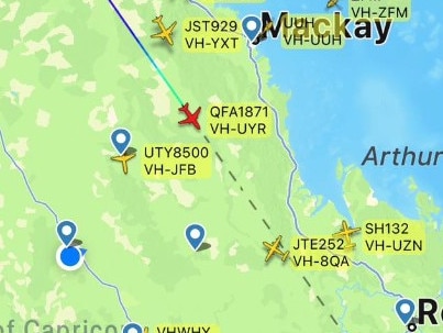 QF1871 (in red) diverted to Rockhampton after descending suddenly. Picture: FlightRadar