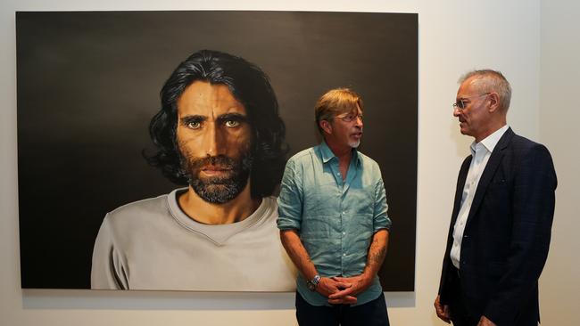 Six time Archibald Prize Finalist Angus McDonald with Michael Brand, Director of the Art Gallery of NSW after Angus McDonald wins the 2020 Archibald Prize ANZ People’s Choice award for his portrait of Behrouz Boochani a Kurdish – Iranian writer, poet, filmmaker and journalist at the NSW Art Gallery in Sydney Australia. Picture: NCA NewsWire / Gaye Gerard