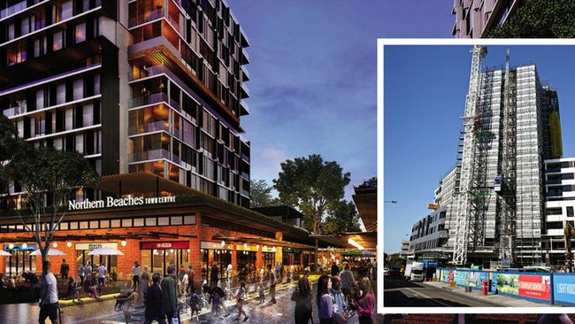 New towers are being considered around the new Northern Beaches hospital that would dwarf the ones in Dee Why (inset).