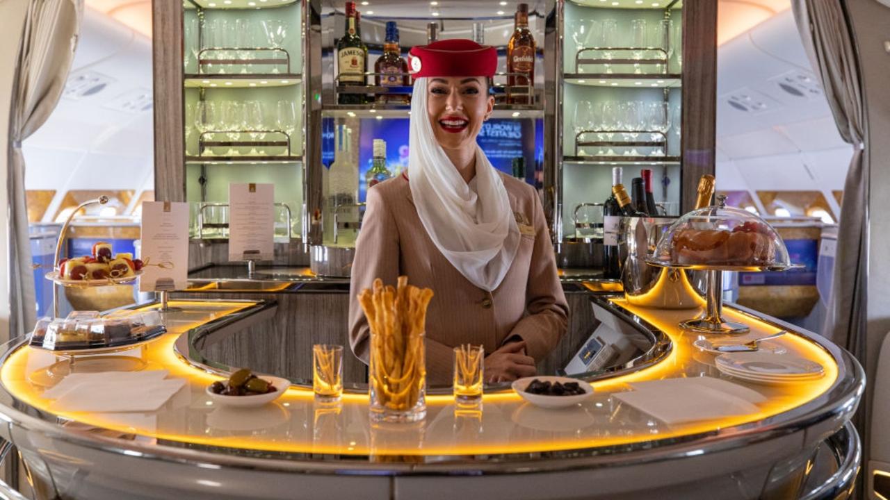 Emirates business class bar lounge on board its A380 aircraft is a popular feature of the gulf carrier. Picture: Getty Images