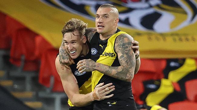 Tom Lynch and Dustin Martin celebrate a Tigers goal. Picture: Michael Klein