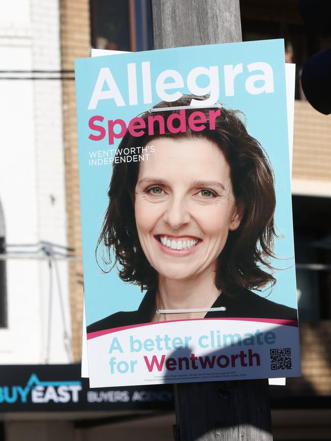 Posters of Wentworth Independent candidate Allegra Spender on poles on Old South Head Road in Rose Bay. Picture: Damian Shaw