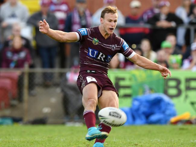 Daly Cherry-Evans of the Sea Eagles reacts to kicks a field goal in extra time during the round 13 NRL match between the Manly Sea Eagles and the Canberra Raiders at Lottoland in Sydney on Sunday, June 4, 2017. (AAP Image/Paul Miller) NO ARCHIVING, EDITORIAL USE ONLY