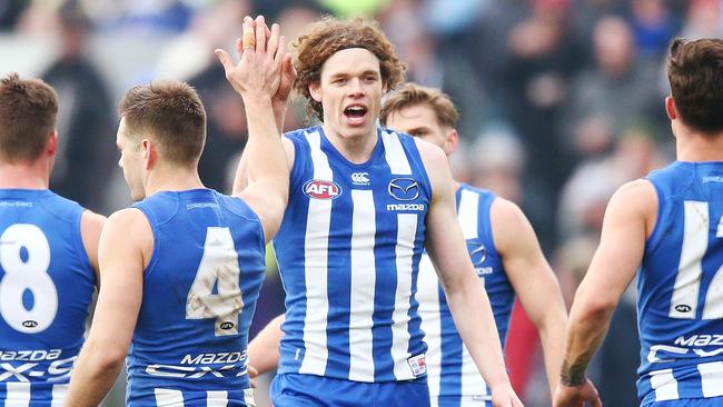 <s1>Ben Brown of the Kangaroos celebrates a goal during the round 19 AFL match in July between the North Melbourne Kangaroos and the West Coast Eagles at Blundstone Arena</s1>                        <s1>. Picture: GETTY</s1>