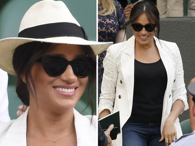 Meghan, Duchess of Sussex, center, smiles as she takes her seat on Court Number One to watch United States' Serena Williams play Slovenia's Kaja Juvan in a singles match during day four of the Wimbledon Tennis Championships in London, Thursday, July 4, 2019. (AP Photo/Tim Ireland)