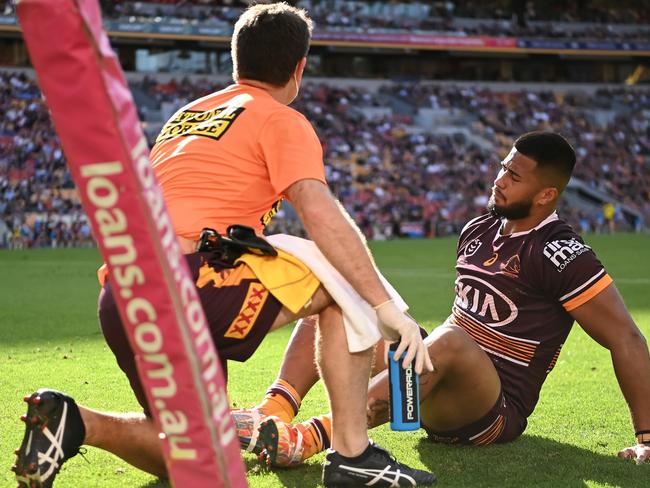 2021 - NRL ROUND 25 - BRONCOS V KNIGHTS - Payne Haas  injury Picture NRL Images