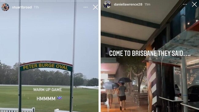 Stuart Broad and Daniel Lawrence complaining about the Brisbane weather on Instagram.