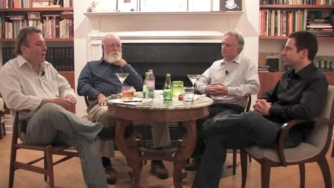 From left, Christopher Hitchens, Daniel Dennett, Dawkins and Sam Harris discuss atheism in 2007. Source: Supplied