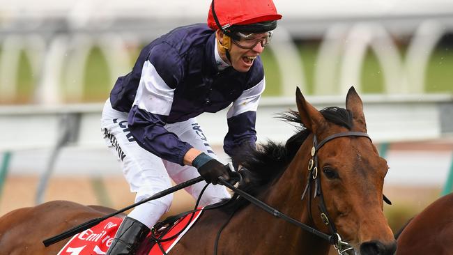 Kerrin McEvoy celebrates as Almandin takes out the Melbourne Cup. Picture: Getty Images