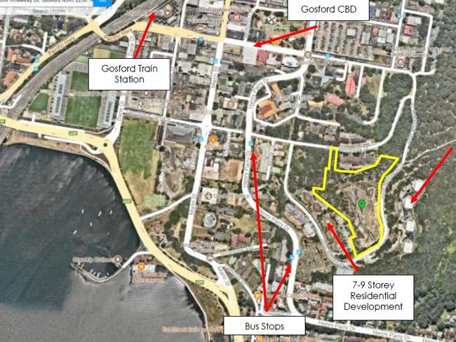 Aerial view showing location of development site at 87-89 John Whiteway Drive, Gosford.