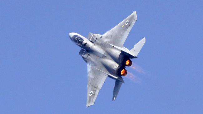 An Israeli F-15 fighter jet performs a rehearsal ahead of an air show to commemorate the 70th anniversary of the creation of Israel. Picture: AFP