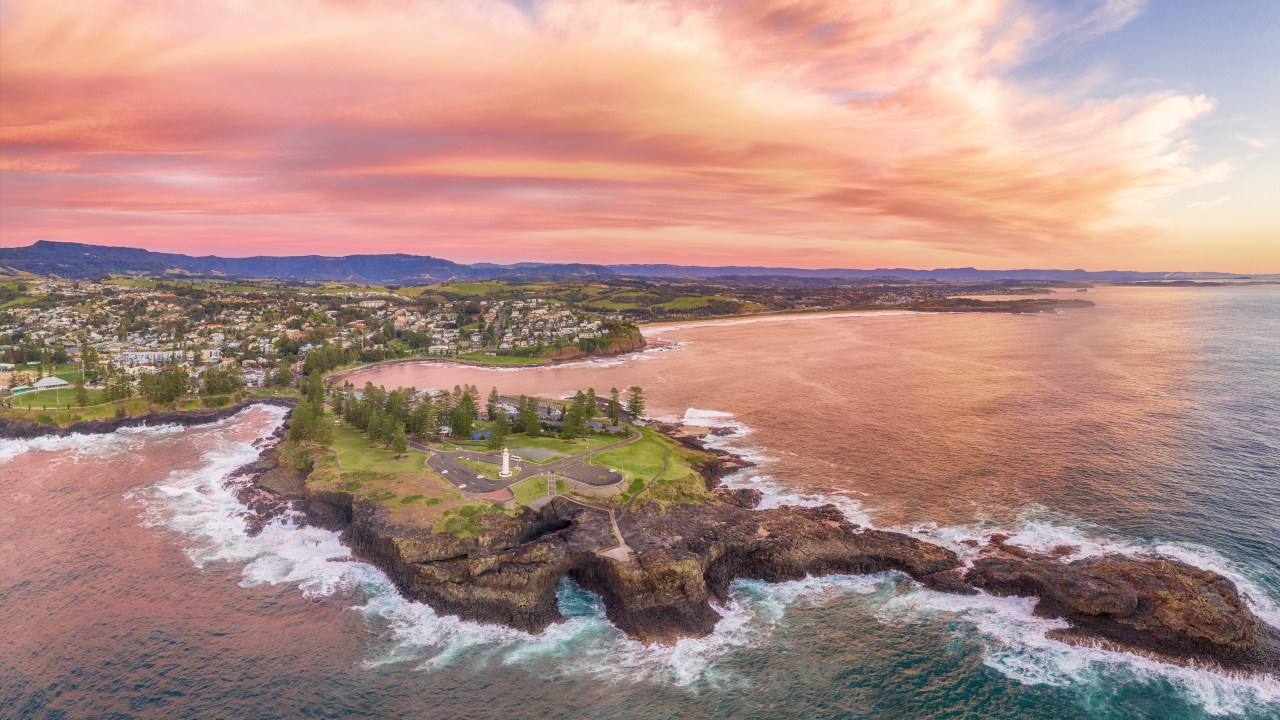 Aerial overlooking Kiama Blowhole Point,. Picture: Destination NSW