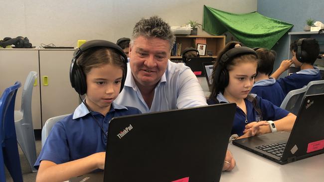 Students at Stuart Park Primary with Member for Fong Lim Mark Monaghan. Picture: Sarah Matthews