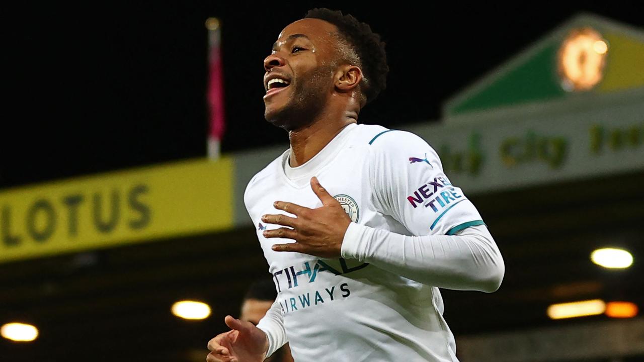 Raheem Sterling scored a hat-trick against the lowly Norwich. (Photo by Adrian DENNIS / AFP)