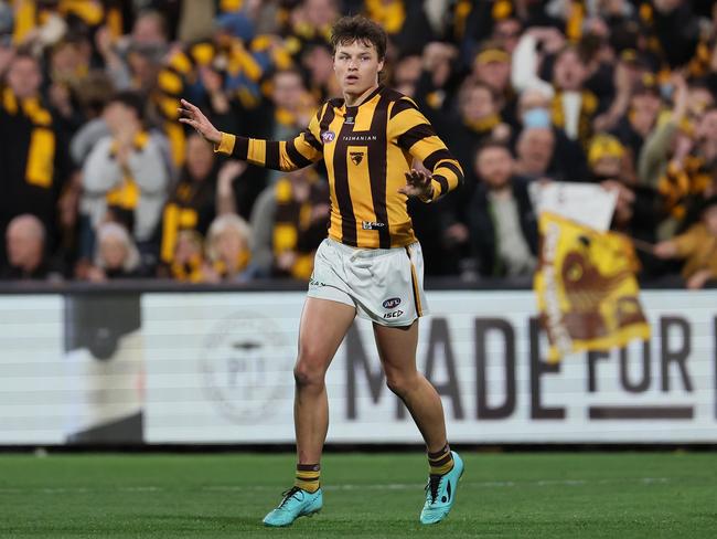 Ginnivan was in the thick of the action after a cheeky comment that fired up Port Adelaide before the semi final. Picture: James Elsby/AFL Photos via Getty Images