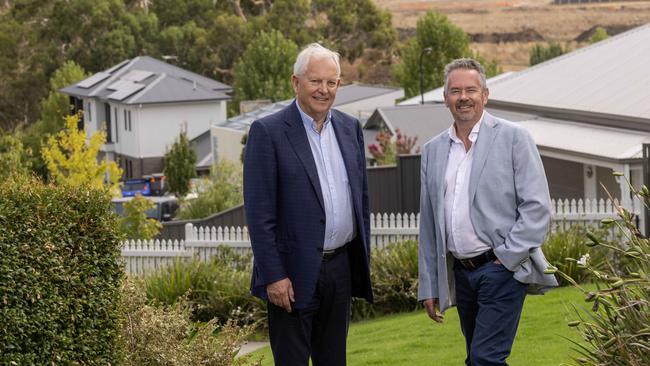 Burke Urban managing director Kym Burke and Newland SA general manager Richard Bryant at the Newenham estate in Mount Barker. Picture: Kelly Barnes