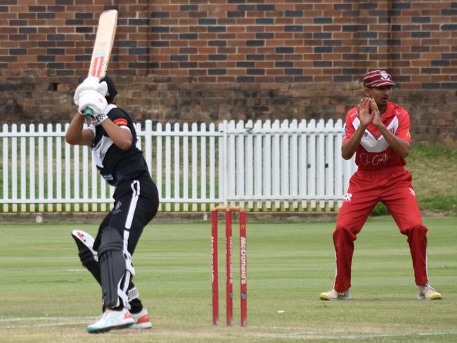 Wests opener Baldip Singh at the crease as Rishab Shah watches on. Picture: Sean Teuma