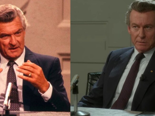 Former Prime Minister Bob Hawke (left) and Richard Roxburgh in The Crown.