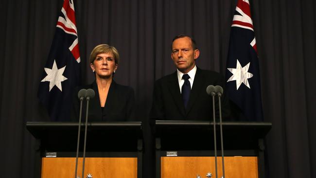 Foreign Affairs Minister Julie Bishop and PM Tony Abbott at Parliament House in Canberra following the executions of Andrew Chan and Myuran Sukumaran. Picture: Kym Smith