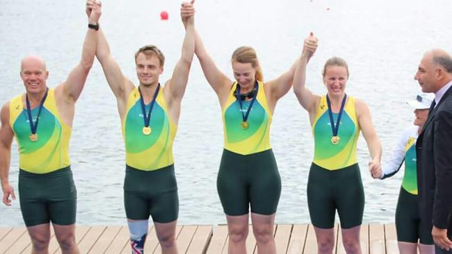 Brock Ingram (left) with mixed fours teammates (l-r) Jeremy McGrath, Davinia Lefroy, Kathleen Murdoch and coxswain Jo Burnand.