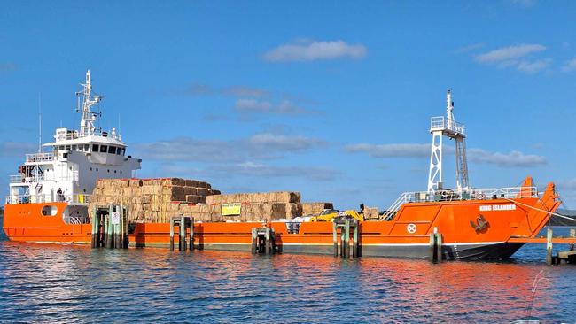 Hay bales on a ship destined for King Island leaving Port Welshpool in Victoria. Picture: Supplied.