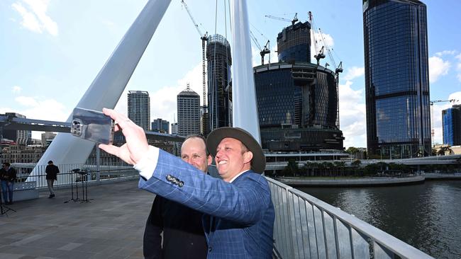 Queensland acting Premier Stephen Miles (right) with Star Entertainment boss Robbie Cooke at the company’s Queen’s Wharf development. Picture: Lyndon Mechielsen