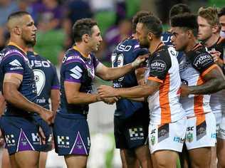 WILD WESTS: Benji Marshall's Tigers spoiled Billy Slater's 300th NRL game with a 10-8 defeat of the Storm at AAMI Park. Picture: HAMISH BLAIR