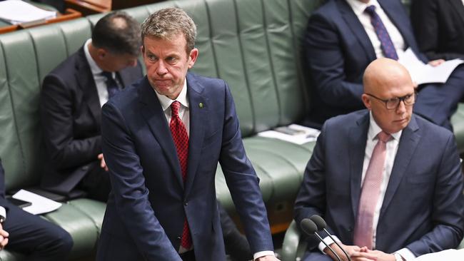 Opposition Spokesman for Immigration Dan Tehan during Question Time, alongside Opposition leader Peter Dutton at Parliament House in Canberra. Picture: NewsWire / Martin Ollman