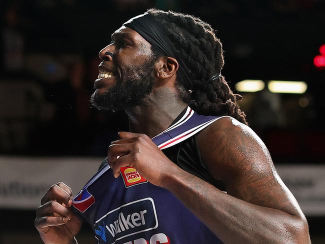 ADELAIDE, AUSTRALIA - OCTOBER 11: Montrezl Harrell of the 36ers shows the crowd his colours during the round four NBL match between Adelaide 36ers and Sydney Kings at Adelaide Entertainment Centre, on October 11, 2024, in Adelaide, Australia. (Photo by Sarah Reed/Getty Images)