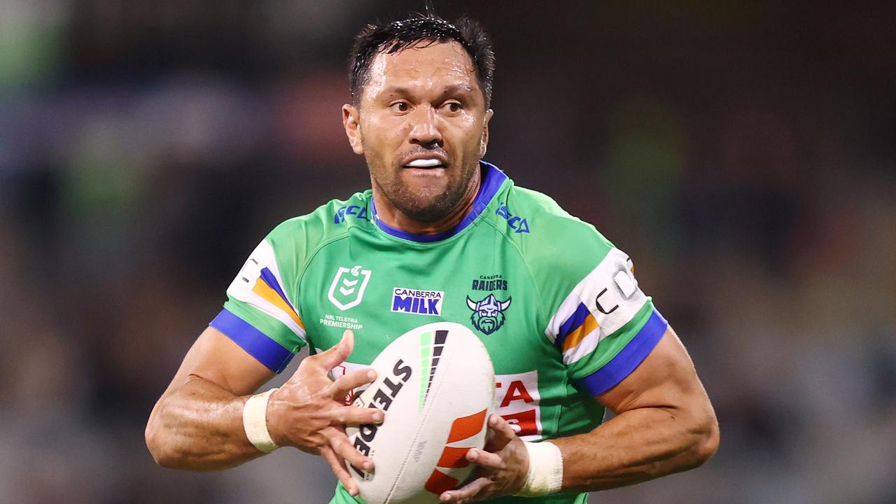 CANBERRA, AUSTRALIA - APRIL 07: Jordan Rapana of the Raiders in action during the round five NRL match between Canberra Raiders and Parramatta Eels at GIO Stadium, on April 07, 2024, in Canberra, Australia. (Photo by Mark Nolan/Getty Images)