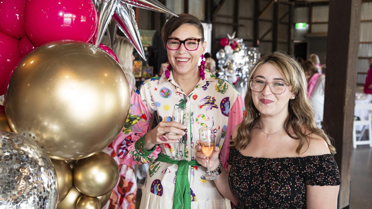 Josie Griffiths (left) and Jasmin Bower at the Pink High Tea fundraiser for Toowoomba Hospital Foundation at The Goods Shed, Saturday, October 12, 2024. Picture: Kevin Farmer