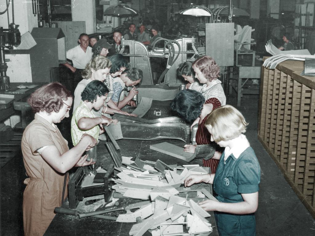 World War II in South Australia. Female munitions workers work on parts of the Beaufort Bomber aeroplane’s wings at the General Motor’s-Holden factory at Woodville in January 1943. Pic:The Advertiser/Krischock