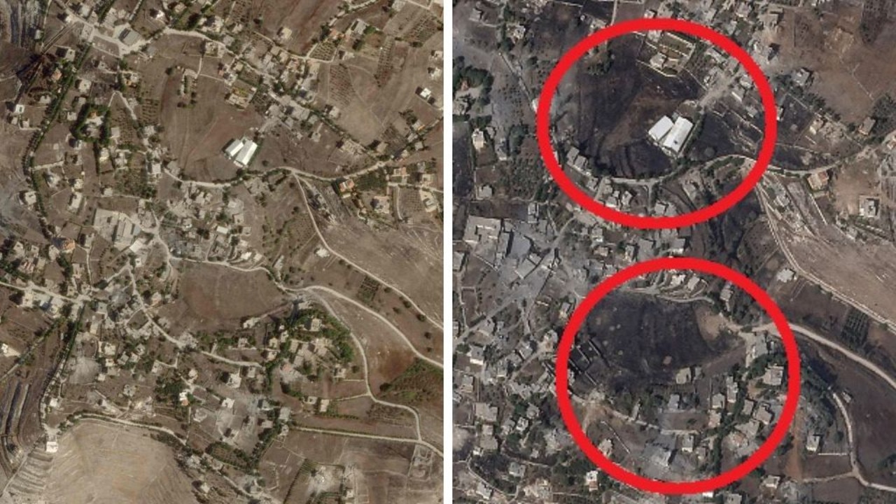 Before and after satellite images showing the devastating effect of Israeli strikes on a town in Lebanon.